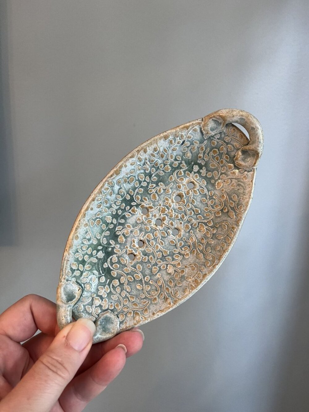Handmade Ceramic Soap Dish With Floral Embossed Design 6.5" Oval Shape